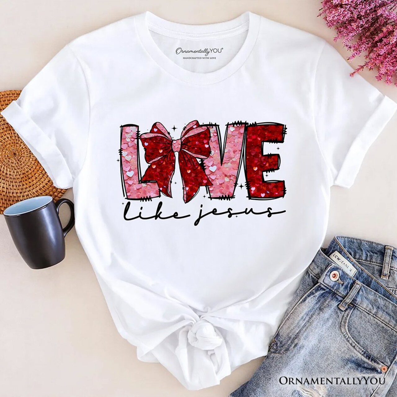 Love Like Jesus Coquette Bow Valentine T-Shirt, Christian Hearts Tee